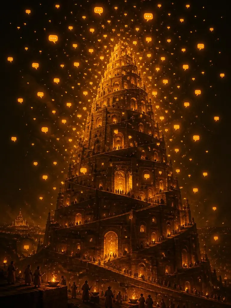 Glowing Tower of Babel with chat bubbles rising as embers